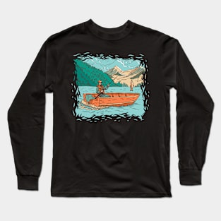 Fisherman in Boat a Man in a Lake Fishing in a Boat in Illustration Style Fishing Long Sleeve T-Shirt